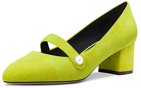 NobleOnly Mujer Cerrado el Dedo del pie Redonda Punta Medio Chunky Ancho Heel Mary Jane Pumps Cute Dress Oficina Fiesta Zapatos 5 CM Heels Verde Lima Ante 39 EU