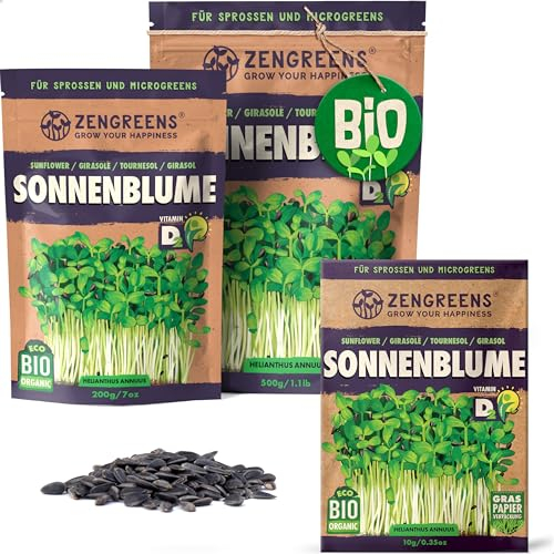 ZenGreens® - Organic Sunflower Sprouting Seeds - Choose Between 10g, 200g and 500g - Sunflower Seeds with a Germination Rate of Over 97% - Microgreens - Sprouts