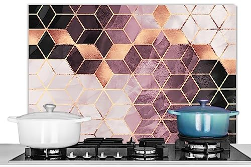 KitchenYeah© Paraschizzi Cucina Alluminio 80x55 cm Pannello Dietro Piano Cottura Fornelli a Gas Paraspruzzi Vintage - Marmo - Oro - Rosa - Aspetto del Marmo