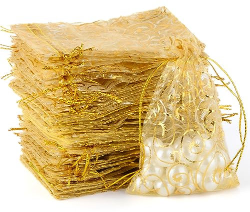 MAOOY 100 Stück Gold Organzasäckchen, 13X18CM Geschenk Organzabeutel, Hochzeit Organza-Beutelchen mit Kordelzug als Hochzeit Bonbonsbeutel,Party Schmuckbeutel, Weihnachten Geschenkbeutel