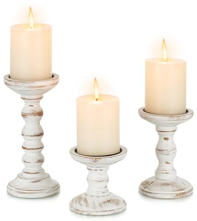 Candeldo Wood Candle Holders for Pillar: Rustic Candles Holder Set of 3 Tall Table Centerpiece Shabby Chic Decor Wooden White Farmhouse Decorations for Fireplace Mantle