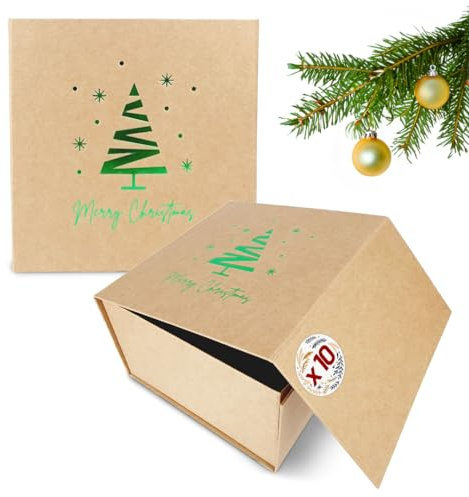 Verpackungswelt Geschenk-Box Weihnachten (10 Stk.) | 20x20x12 cm | Geschenk-Karton mit Deckel & Magnet-Verschluss | Für Weihnachts-Geschenke | Weihnachts-Verpackung mit Weihnachtsbaum-Motiv in Grün
