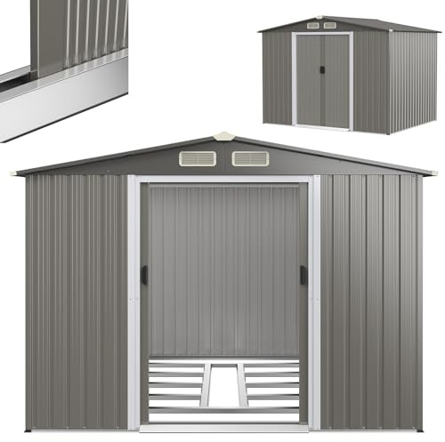 RELAX4LIFE Abri de Jardin en Tôle d’Acier Galvanisée avec Fondation et Double Porte Coulissante, Cabane à Outils avec Toit en Appentis et Volets 260X206,5 X 108 CM (Toit Gris foncé)