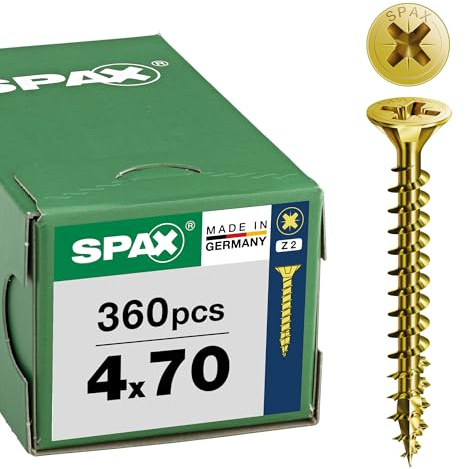 SPAX Tornillo universal 4 x 70 mm, 360 unidades - Tornillos para madera, rosca completa, cabeza avellanada, ranura en cruz Z2, 4CUT, recubrimiento YELLOX - 8000000287503