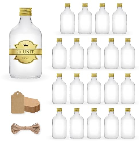 20x Bouteilles en Verre 250ml Style Flasque à Alcool avec Bouchon en Liège + 20 Étiquettes Kraft + Ficelle - Flacon pour Whiskey, Rhum, Liqueur - Fioles de Poche pour Boissons Spiritueuses