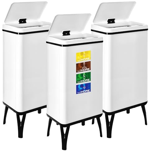 WELL HOME MOBILIARIO & DECORACIÓN 3 Cubos de basura inteligente de 50L c/u, Alto: 83,5 (x35,5x26), blanco con etiquetas magnéticas