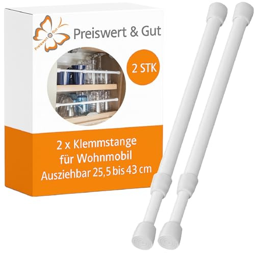 Preiswert&Gut 2 x Aluminium Klemmstange für Wohnmobile und Küchen – Verstellbar, ausziehbar von 25,5–43 cm, perfekt für Schränke und Kühlschränke ohne Bohren