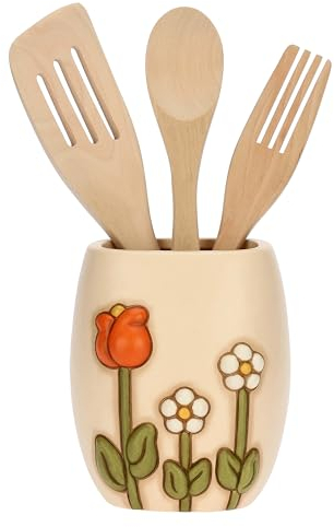 THUN, Porta mestoli in Ceramica con Mestoli in Legno, Linea Happy Country, Idea Regalo per la Cucina, Ø 12 cm, h 15.5 cm, Mestoli 30.5 cm