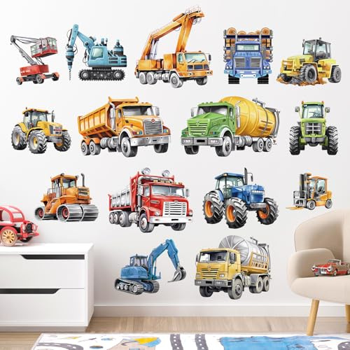 wondever Wandtattoo Fahrzeuge Konstruktion Wandsticker Baufahrzeuge Traktor | Abziehen und Aufkleben, Abziehbar, Wandaufkleber Selbstklebend für Kinderzimmer Junge Babyzimmer Jungenzimmer Wanddeko