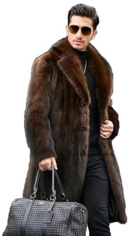 INVACHI Men's Faux Fur Coat Winter Long Faux Mink Coat Fluffy Thick Trench Coat for Men (US, Alpha, X-Large, Regular, Regular, Brown)