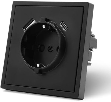 MVAVA Enchufe con USB C,Enchufes pared Con Garfio,Empotrable Estándar,Placa de Mate,Seguridad infantil,1 Enchufe con USB C,80mm Negro