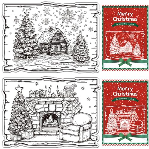 CRASPIRE Merry Christmas Clear Rubber Stamps Christmas Trees House Bonfires Snowflakes Reusable Transparent Silicone Stamp Seals for Xmas Winter Card Making Decor DIY Craft Scrapbooking Photo Album
