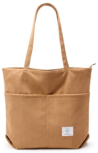 KALIDI Cord Tasche Damen Tote Bag Verbessert Shopper Tasche Damen Groß Beuteltasche Umhängetasche mit Reißverschluss Tasche für Schule Arbeit Büro Reisen Einkaufen