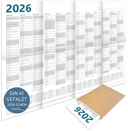 PuK Krämmer GmbH XXL Wandkalender 2026 A1 GEFALZT | 12 Monate mit Ferien und Feiertage | gefaltet auf A4 | 84,1 x 59,4 cm DIN A1 quer Jahresplaner | Kalender 2026 groß, Jahreskalender, Wandplaner
