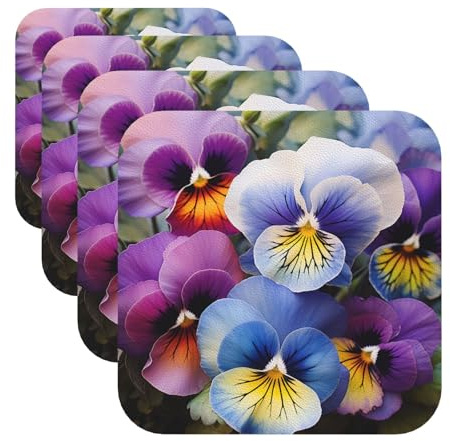 Pansy Perfection Coasters for Drinks Set of 4 Leather Tea Cup Coaster Drink Coasters for Cup Kitchen Bar Home Decor Housewarming Gift