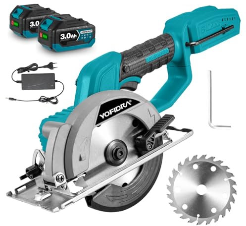 Yofidra Akku Handkreissäge mit 2 3.0Ah Akku, 1400W Bürstenlose Mini Kreissäge Handkreissäge, 6000rpm, 0-45° Max. Schnitttiefe 51mm, mit 1 Sägeblatt(140mm), Kreissäge Akku für Holz, Metall, Plastik