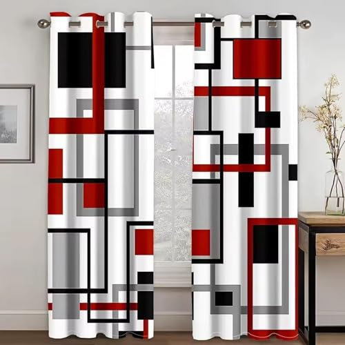 AJALGZ Günstige abstrakte geometrische Schwarze rote Vorhänge, Moderne Fenstervorhänge für Wohnzimmer, Schlafzimmer, Küchentür, H137xB117cm (2er-Pack) Bedruckte Verdunkelungsvorhänge