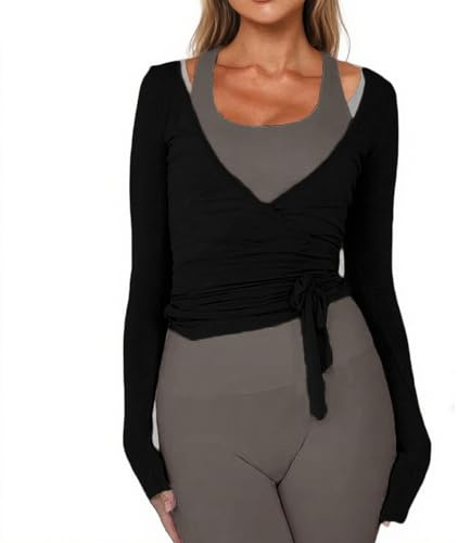 Women Wrap Tie Top Y2k Long SLeeve Ballet Workout Yoga Shirt Coquette Blouses (US, Alpha, Medium, Regular, Regular, Black)