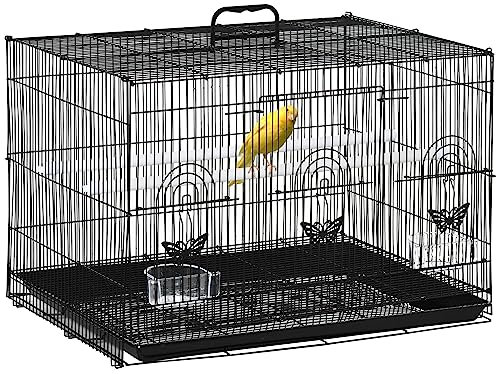 PawHut Gabbia per Uccelli con 2 Posatoi e 3 Ingressi, Voliera Gabbietta per Uccellini con Vassoio e 2 contenitori per cibo, in Filo Metallico e Plastica, 60x41x41 cm, Nero