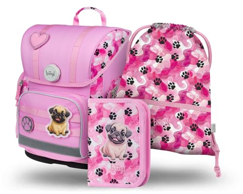 Baagl Schulranzen Jungen Mädchen Set 3 Teilig Ergo Schultasche - Pfötchen | Ergonomische Grundschule Ranzen Tornister mit Brustgurt für 1. Klasse bietet viel Platz für Stifte im Schulalltag.