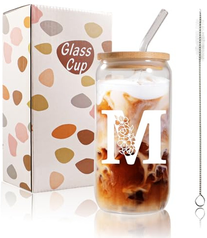 Bliceon A-Z Initial Personalised Birthday Gifts for Women, 500ml Iced Coffee Glass Cups for Mum, Friends and Sisters, Men, Dad, Iced Coffee Cup Gift with Lids and Straws (M)