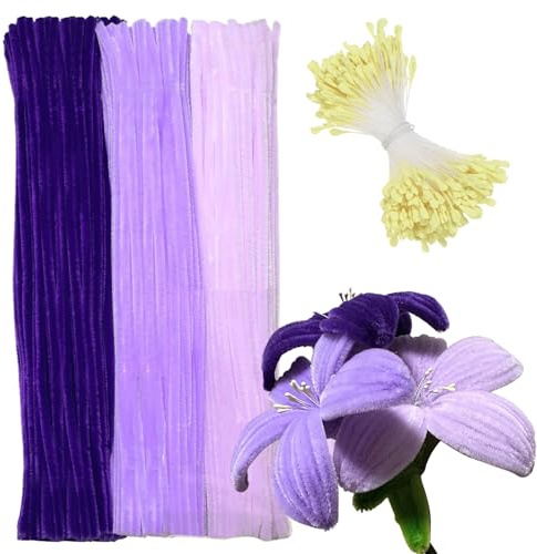 Barlone 300 Stück Pfeifenreiniger zum Basteln Blumen, Pfeifenreiniger Lila mit 350 Gelb Staubgefäße, Pipe Cleaner Flower Set, Pfeifenputzer für Blumen, Tiere oder, DIY Bastelprojekte