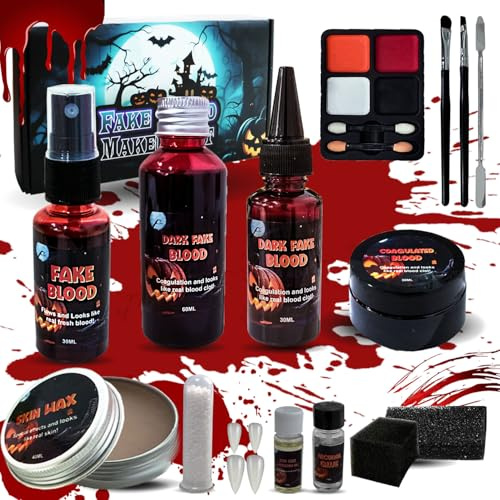 Kunstblut Schminke 16er, Fake Blut, Schminke Erwachsene Kinder- Blut Spray 60ml+30ml Fake Blood + 30ml Blut Spray + 30g kunstblut wunden + 40g Narbenwachs für Vampir Zombie Wunden Narben Make Up