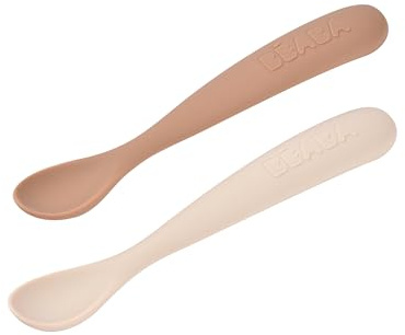 BÉABA, Lot de 2 Cuillères en Silicone Bébé/Enfant 1er Âge - Dès 4 mois, Souple - Bout arrondi - Manche long et Ergonomique, Boite de transport - Finition Anti Poussière - Argile/Pralin