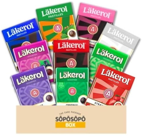 Lakerol Läkerol Sugarfree Pastilles 10-Flavor Variety 0.8 oz packages each in a SOPOSOPO Box (Total of 10 items) SÖPÖSÖPÖ Box