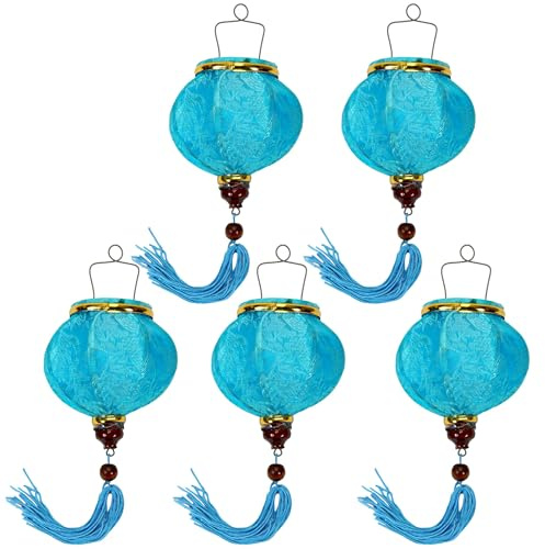 Set mit 5 kleinen asiatischen Laternen aus Seide, hellblau, R, Durchmesser 12 cm – traditioneller Hoi an Lampion aus Stoff, Bambus und Holz – Dekoration und Handwerk aus Vietnam (S56-8317)