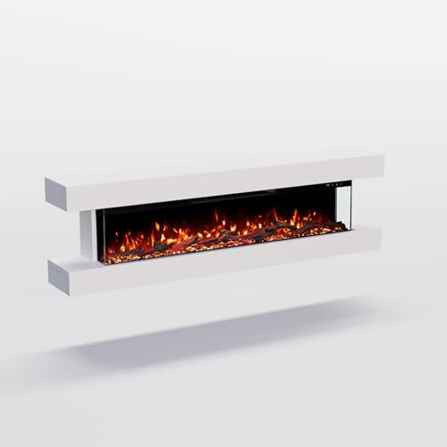 GLOW FIRE Elektrokamin Clear Wall mit realistischem 3D LED-Feuer - Wand-Elektrokamin mit Heizung und Kaminfeuer, App Steuerung, Knistereffekt & Timer, max. 1800 W, 129x52x21 cm, Weiss