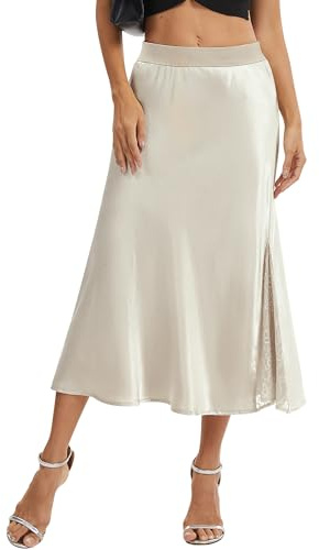 DGSHIRLDJO Jupe en Satin pour Femme Jupe élégante Coupe A, Taille Haute Jupe Longue Soyeuse pour Mariage, soirée, Travail (FR/ES, Alpha/Lettres, M, Taille Normale, Taille Normale, Blanc Cassé)