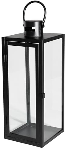 Laterne Metall Glas, dekorativer Lampion für Wohnzimmer & Outdoor – modern & elegant, in 3 Größen 38/49/63 cm & Farben Schwarz/Gold/Silber, auch als Set erhältlich (Schwarz, 49cm)