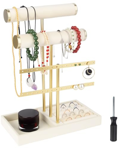 Smyckesorganisatör med 3 Nivåer - Smyckesställ i Sammet Beige, Avtagbar T-Stång för Armband, Praktisk Förvaring för Halsband, Ringar och Klockor - Smyckeshållare Smyckesställ i Guld