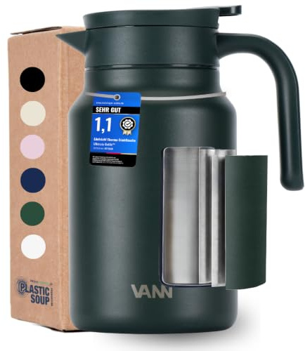 VANN Thermoskanne 1,5l - 3-fach Isolierkanne [24h warm, 36h kalt] | Thermoskanne aus zertifiziertem Edelstahl [BPA-frei] - als Teekanne oder Kaffeekanne - Auslaufsicher - Jug Dunkelgrün