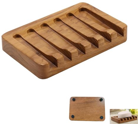 Teak Wood Bathroom Soap Holder, Wooden Soap Dish, Self Draining Waterfall Soaps Holder with Non-Slip Concave Design, Natural Wooden Soap Tray for Kitchen Sponge Countertop Bathtub Basin Bathroom Sink