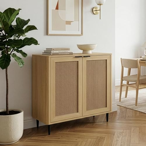 [en.casa] Sideboard Lukhomso Wohnzimmerschrank mit 2 Türen Griffe Kommode Wohnzimmer mit 2 Fächern 83 x 80 x 40 cm Flurmöbel Büro Eicheoptik/Rattanoptik
