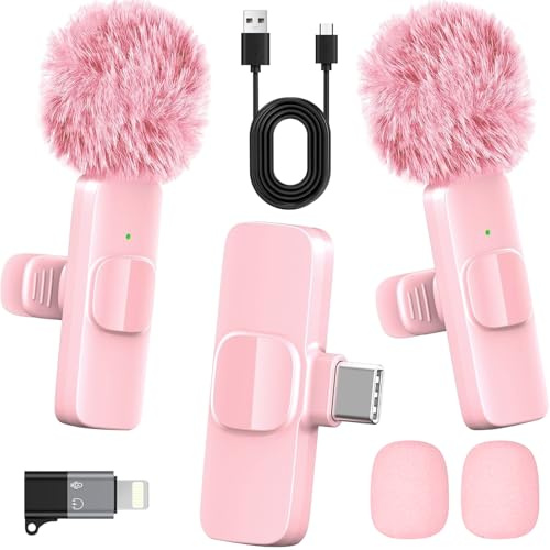 Wireless Clip-On Lavalier Microphone, Noise Cancelling Mini Mic for Smartphones, 65ft Range & 8H Battery for Streaming and Podcasts, USB-C Lightning Cable, Pink