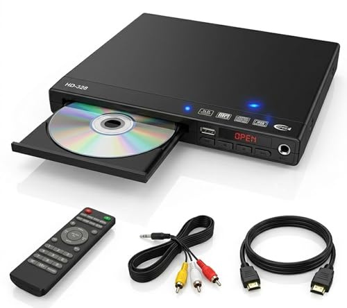 1080p HD DVD Player for TV with HDMI and AV Output, Multi-Format DVD/CD | Player with USB Input and Breakpoint Memory, Supports DVD±R/RW, CD, VCD, Includes Remote Control and Connection Cables