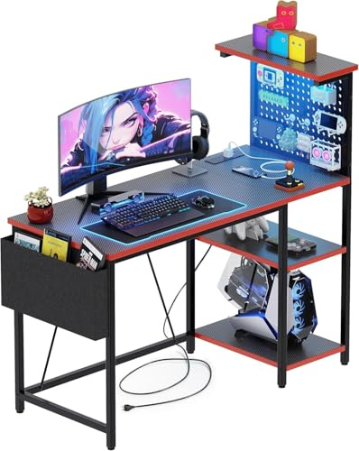 Xyphren Mesa de Juegos de con Pared Perforada, Enchufe, pequeño Escritorio para Ordenador con estantes Reversibles para Escritorio de Esquina en casa, 120 * 50cm, Negro
