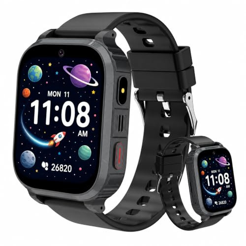 Reloj Inteligente Niño, IP68 Smartwatch Niños con GPS y Llamadas, 4G Telefono/SOS/WiFi Localizador/Videollamada/Voz Chat, Alarma, Modo Clase, Linterna, Juegos, Regalo para Niños y Niñas Navidad-Negro