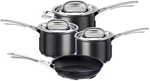Circulon Infinite Induction Hob Pan Set - 4 Piece Non Stick Saucepan Set and Frying Pan with Stainless Steel Lids & Handles, Premium Dishwasher Safe Cookware, Black
