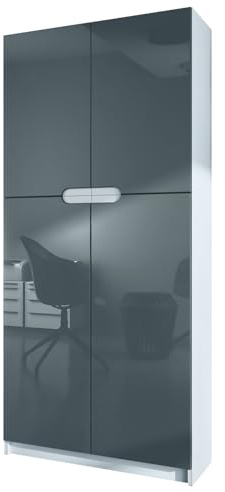 Vladon Büroschrank Logan V1, Made in Germany, Aktenschrank mit 5 Fächern und 4 Türen, Weiß matt/Grau Hochglanz (82 x 185 x 37 cm)