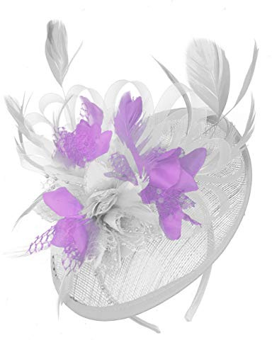 Caprilite White and Lilac Sinamay Disc Saucer Fascinator Hat for Women Weddings Headband