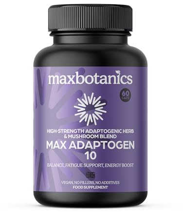 Max Botanics Max Adaptogen 10 Balance, Fatigue, Energy Boost & Stress Support 10-Herb Adaptogen High Strength Mushroom Blend with Ashwagandha, Rhodiola & Ginseng Natural Vegan UK Made (60 Capsules)