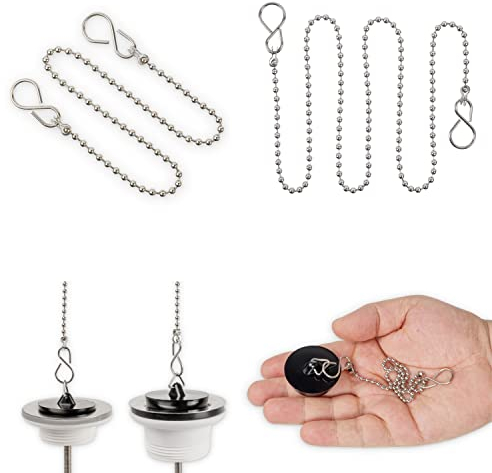 Catena tappo di scarico, Confezione 2 pz, 1x 35cm e 1x 65cm lunghezza totale – Per vasche da bagno, palline Ø 3.5mm con gancio a S, In acciaio inox 304, Antiruggine, Catene di ricambio per tappi, plug