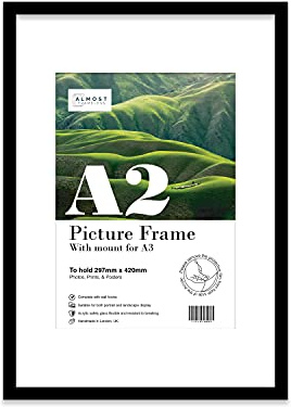 Almost Frameless A2 Black Picture Frame With White Mount for A3 (29.7 x 42cm - 11.7 x 16.5in) Print, Photo, or Poster. Portrait and Horizontal Wall Hooks