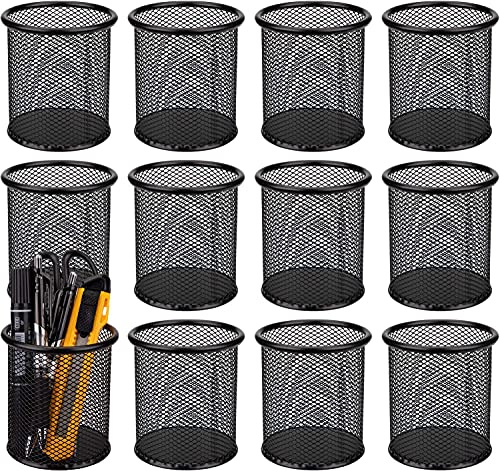 WUWEOT 12 Pack Metal Pen Holder Mesh Pencil Holder Desk Organizer Mesh Round Pen Cup Pencil Cup for Desk Office Pen Organizer, Black