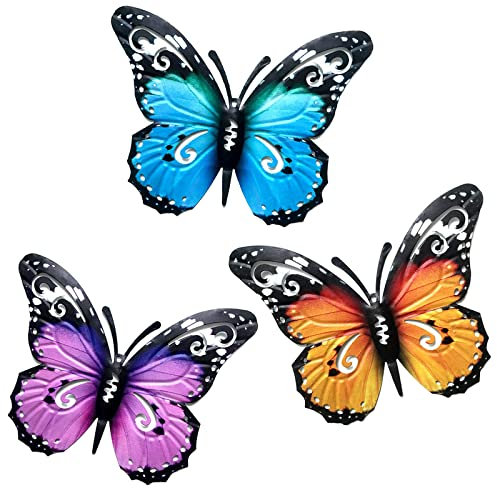 SUNNEKO 3 PCS Large Metal Butterfly Garden Ornaments Outdoor, Metal Wall Art Big Butterfly Decorations for Outside Garden Shed Fences Yard Decorations Wall Hanging