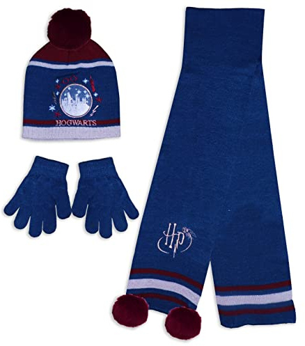 Harry Potter Kids Hat, Scarf & Gloves Winter Set - Hogwarts Castle - Blue - 3-6 Years